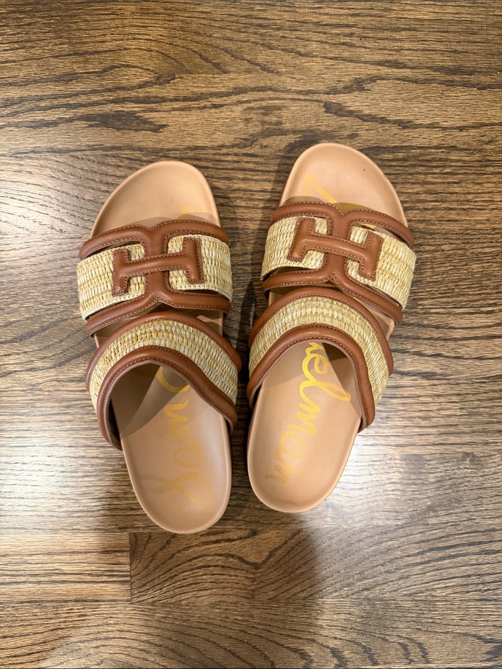 Woven Straw Slide Sandals in Tan
